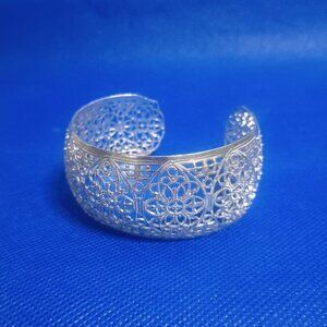 Silver Tone Filligree Wide Cuff Bracelet Fits 8" Wrist